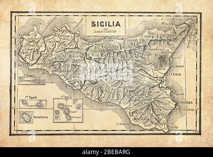 Ancient map of Sicily  the largest island in the Mediterranean Sea and one of the 20 regions of Italy with the surrounding smaller islands, with geographical Italian names and descriptions Stock Photo