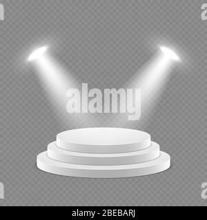 Vector 3d pedestal with spotlights isolated object. Pedestal and podium empty illuminated illustration Stock Vector