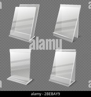 Realistic business information transparent plexiglass empty holders isolated vector. Plastic plexiglass empty holder for card or menu illustration Stock Vector