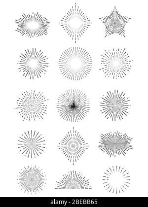 Hand drawn sunburst set - vintage sunshine lines isolated on white. Vector illustration Stock Vector