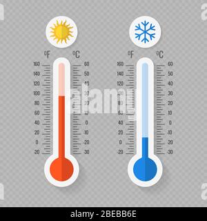 Hot and cold meteorology thermometers on transparent background. Blue and red thermometers. Vector illustration Stock Vector