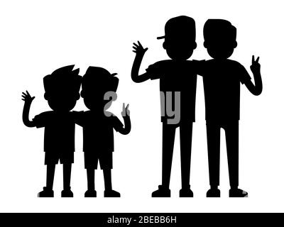 Best friends silhouettes isolated on white background - baby boys and teenager boys black silhouettes. Best friends people, young friendship together, vector illustration Stock Vector