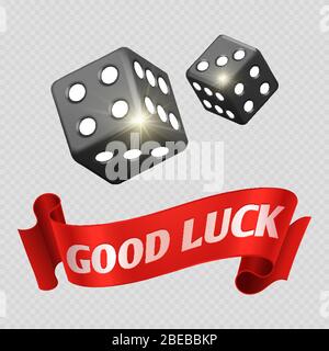 Realistic casino dice and red good luck banner. Dice and good luck in gambling game. Vector illustration Stock Vector