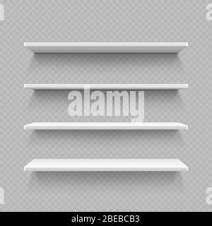 Empty white shop shelf isolated on transparent background. Realistic shelf for interior gallery and shop, vector illustration Stock Vector