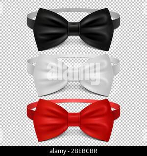 Realistic white, black and red bow tie isolated on transparent background. Set of tie bow knot silk, elegance and fashion formal classic garment. Vector illustration Stock Vector