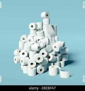 A huge stockpile of toilet rolls. Coronavirus Covid-19 virus infection causing panic buying of loo roll. 3D illustration concept.