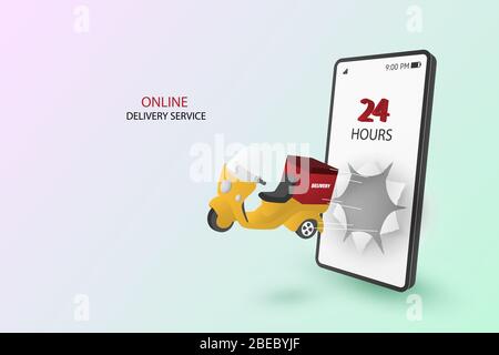 Online buying and fast delivery concept. With 3d deliver scooter and smartphone on background. Stock Vector