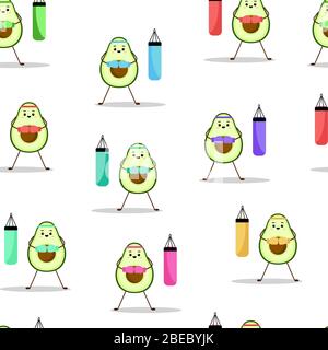 Seamless pattern of kick-boxer avocado with red punching bag. Modern flat sport illustration. Cute design for greeting cards, stickers, fabric Stock Vector