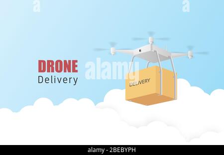 Drone delivery concept poster or banner with Drone transporting parcels in the air. Paper art and craft in 3d style. Stock Vector
