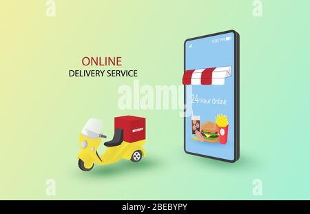 Online delivery service concept. Online order on mobile and delivery to home. Smart burger shop with delivery bike on background. Shopping promotion b Stock Vector