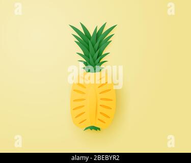 Paper art and craft made Sliced pineapple on yellow background. Stock Vector