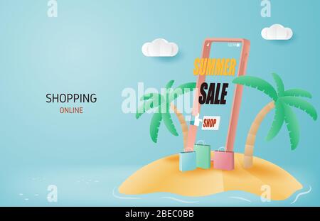 Summer sale online shopping banner concept. Paper art and craft made smartphone and shopping bag on island. Stock Vector