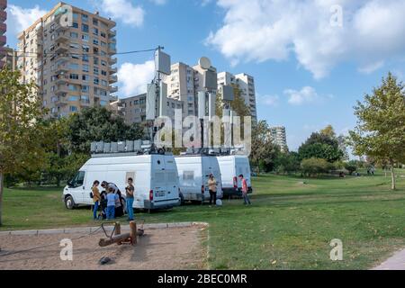 Adana/Turkey September 2019: Mobile phone base stations in  the city park on the roaming mobile station transceiver antennas, base transceiver station Stock Photo