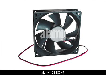 One black plastic fan for desktop computer or notebook for cooling processor and other components isolated on white background. Stock Photo
