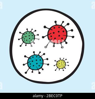 Hand drawn vector illustration of Wuhan corona viruses in different colors, covid-19. Stock Vector