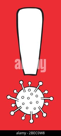 Hand drawn vector illustration of Wuhan corona virus, covid-19. Exclamation mark with virus on red background. Stock Vector