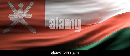 Oman sign symbol,  national flag waving texture background, Oman language, culture concept, banner. 3d illustration Stock Photo