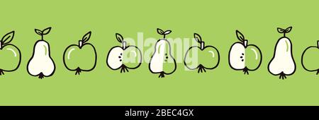 Cute Monochrome Felt Tip Pen Apple and Pears Fruits Vector Seamless Pattern Border Stock Vector