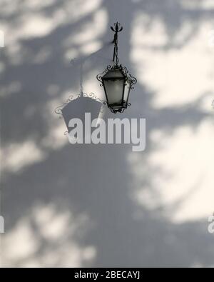 A beautiful white wall cast in shadows from a tree with a traditional hanging wall lamp. Stock Photo