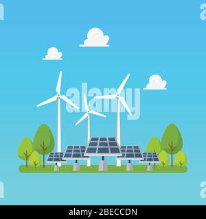 Green energy windmills and solar panels. Flat style Vector illustration. Stock Vector