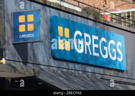 LONDON- FEBRUARY, 2019: Greggs logo on store exterior, a large British high street bakery chain Stock Photo