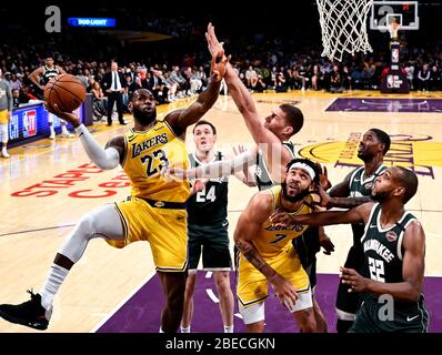 Los Angeles, California, USA. 13th Apr, 2020. Los Angeles Lakers LEBRON JAMES (23) shoots during an NBA basketball game between Los Angeles Lakers and Milwaukee Bucks, Friday, March 6, 2020, Stock Photo