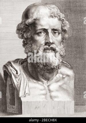 Demosthenes, 384 – 322 BC. Greek statesman and orator of ancient Athens.  From an engraving by Hans Witdoeck, after a work by Peter Paul Rubens. Stock Photo