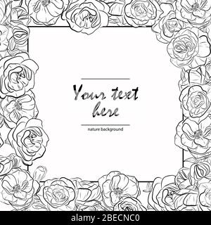 Black and white vector illustration. Vintage frame with flowers. Floral hand drawn card. Line-art roses. Stock Vector