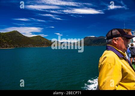 View from on deck of an Interislander ferry approaching Picton Harbour through the Marlborough Sounds. South Island, New Zealand. Stock Photo