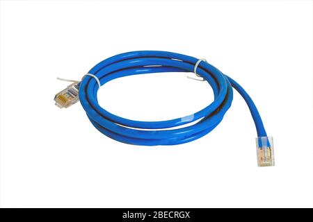 Twisted pair patch cord blue network Internet cable isolated over white background. Top view. Stock Photo