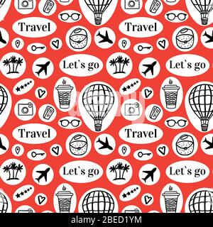 Travel seamless pattern with fashion style stickers. Vector texture traveling icons. Black Hand drawn illustration on red background. Stock Vector