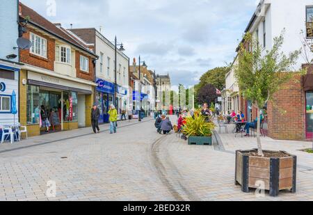 East Street, a pedestrianised road with cafe's and shops in Shoreham-by-Sea, West Sussex, England, UK. Stock Photo