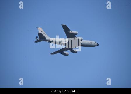 KC 135 tanker refuelling aircraft on landing approach, at height. Stock Photo