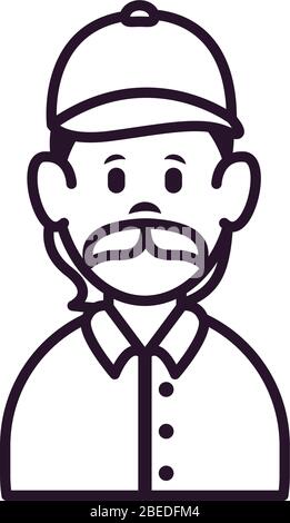 cartoon delivery man with mustache icon over white background, line style, vector illustration Stock Vector