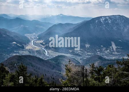 Big Fatra mountains and Stankovany village from Sip peak, Slovak republic. Seasonal natural scene. Travel destination.