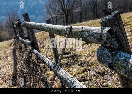 Wooden fence, Vrsatske rocks, White Carpathian mountains, Slovak republic. Hiking theme. Stock Photo