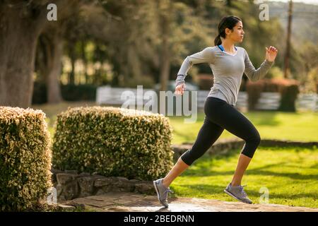 Focused young woman running through a park Stock Photo