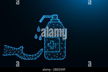 Disinfect hands made from points and lines on dark blue background, Hand hygiene wireframe mesh polygonal vector illustration Stock Vector