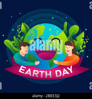 Happy Earth day. Vector human hug the earth illustration with dark background graphic. Use for card, poster, banner, web design Stock Vector