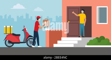 Safe fast food delivery at home during coronavirus covid-19 epidemic: man delivering a bag with a ready meal to a customer and keeping a safe distance Stock Vector