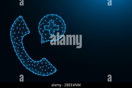 Call an ambulance or doctor made from points and lines on dark blue background, Emergency call wireframe mesh polygonal vector illustration Stock Vector