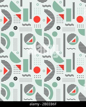 Geometry seamless textured pattern. Green red circles and polka dot on white background. Vector illustration Stock Vector