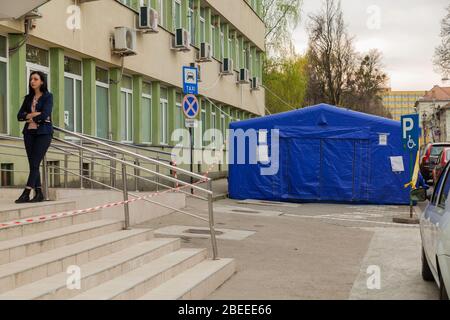 Cluj Napoca, Romania ; April 13, 2020 - The Oncology Institute 'Prof. Dr. Ion Chiricuţă', IOCN ; coronavirus, covid-19, pandemic outbraak Local Stock Photo