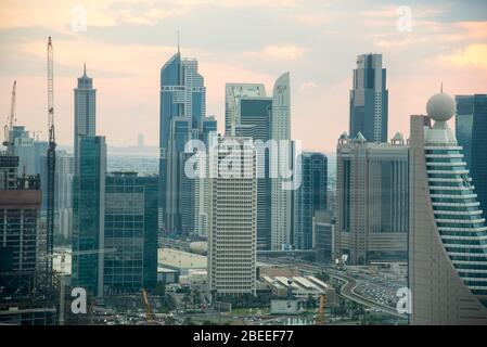 DUBAI - NOVEMBER 15: Panorama of tall Skyscrapers in skyline of Dubai, November 15, 2019 in Dubai, UAE. Stock Photo
