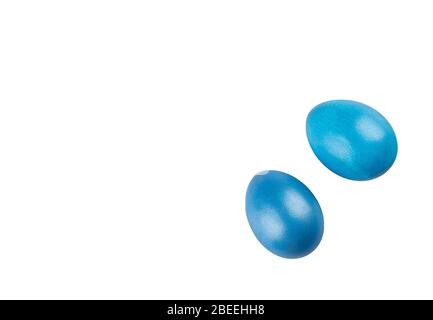 Two blue easter eggs isolated on white background. Flat lay. Copy space. Stock Photo