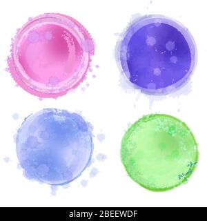 Set of vector round watercolor imitation stains of different colors isolated on a white background.Colorful round blots with splashes and drips of Stock Vector