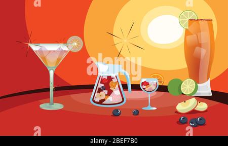different types of drinks with full of fruits and lemon on sun view background Stock Vector
