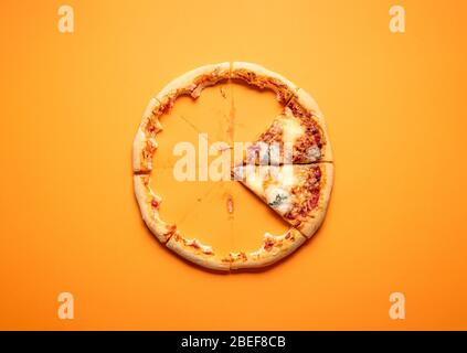 Quattro formaggi pizza slices and crust leftovers on an orange seamless background. Eaten 4 cheese pizza. Two cheese pizza slices. Traditional italian Stock Photo