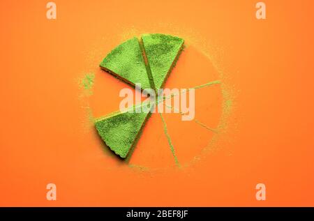 Three slices of matcha cheesecake on orange seamless background. Matcha dessert, the last portions. Japanese green tea powder dessert. No baking cake Stock Photo