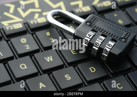 Close up of padlock on keyboard, privacy and security concept Stock Photo